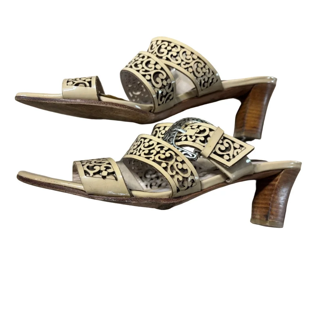 Brighton Cream Patent Leather cut out Strappy Heels with Silver Brighton buckle